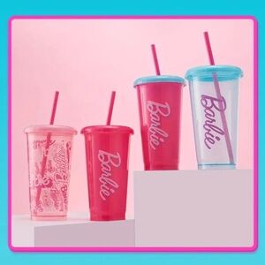 NIB! Barbie 65th Anniversary Set of 4 Reusable Plastic Cups with Lids and Straws